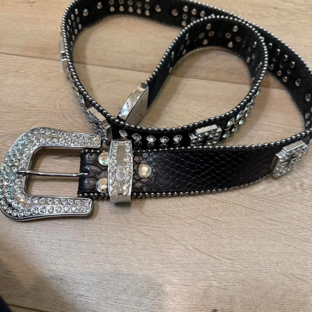 Black leather studded belt with rhinestones